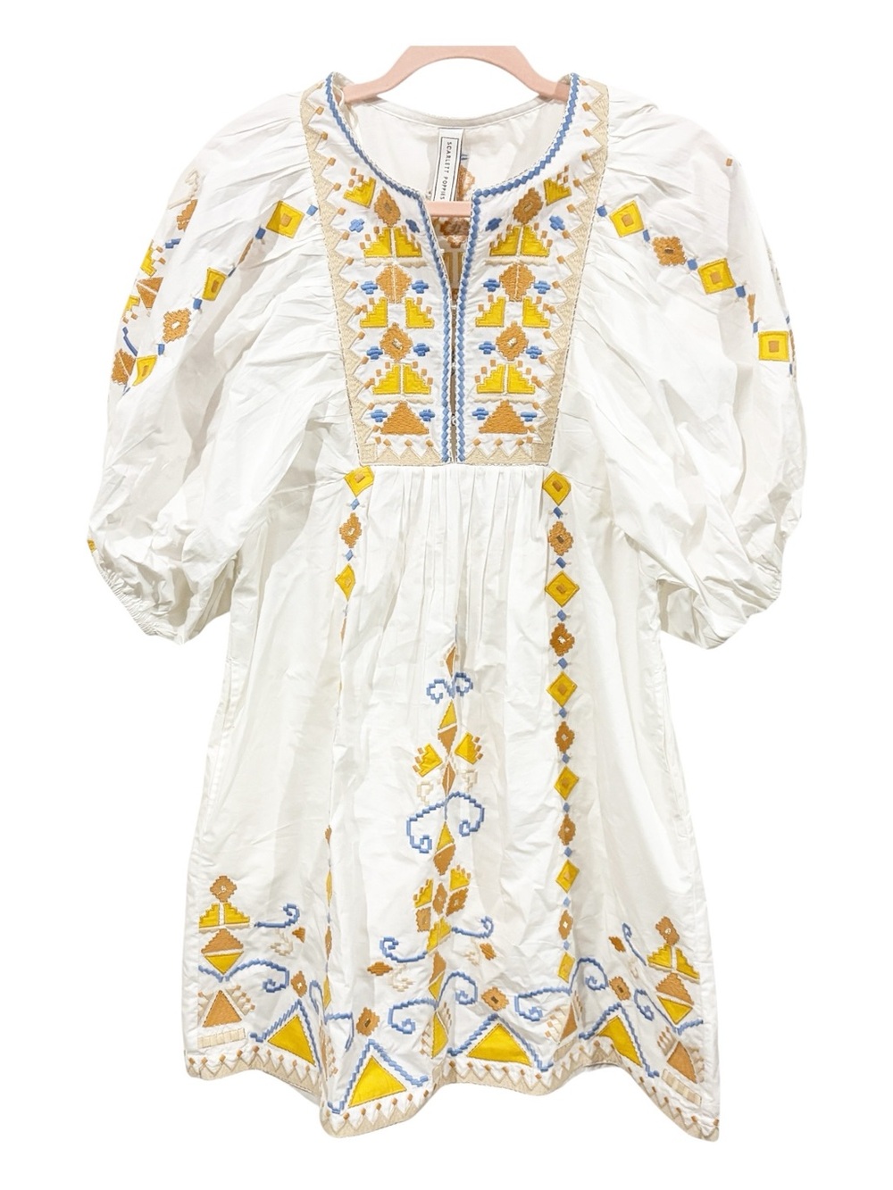 Scarlett Poppies Cotton Mini Dress XS Tribal Embroidery Puff Sleeve Boho Resort - Picture 2 of 4